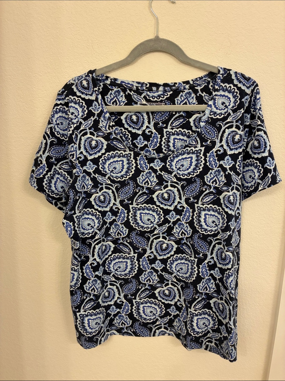 Soft Surroundings Blue Paisley Scoop‑Neck Tee, Size 1X EUC
